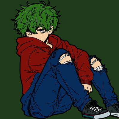 a male hoddie ripped jeans messy hair anime