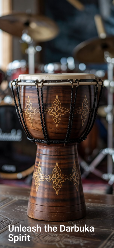 Darbuka - A traditional wooden Darbuka goblet drum with gold patterns in a music studio setting