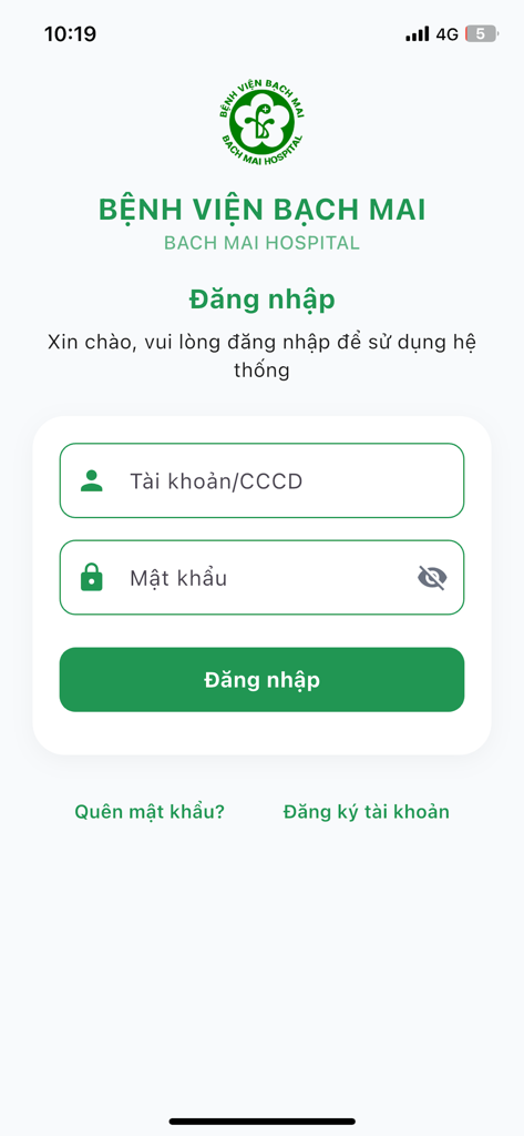 Login screen for the Bach Mai Care app showing account and password entry fields