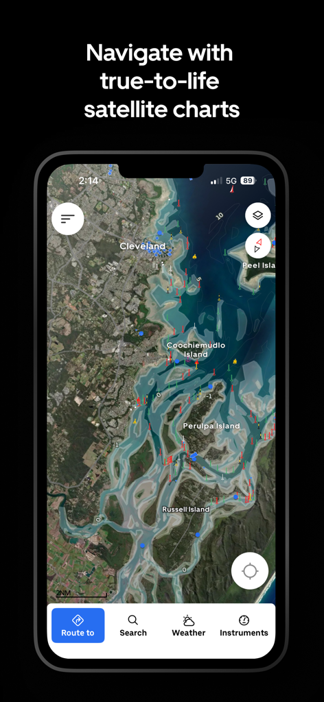 L'app GPS per barche Orca mostra una carta marina ibrida satellitare ad alta risoluzione di isole e corsi d'acqua costieri