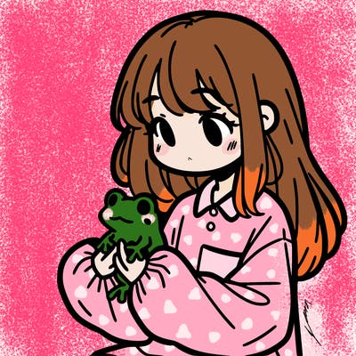 girl with long hair and a oversized shirt. and she is holding a frog