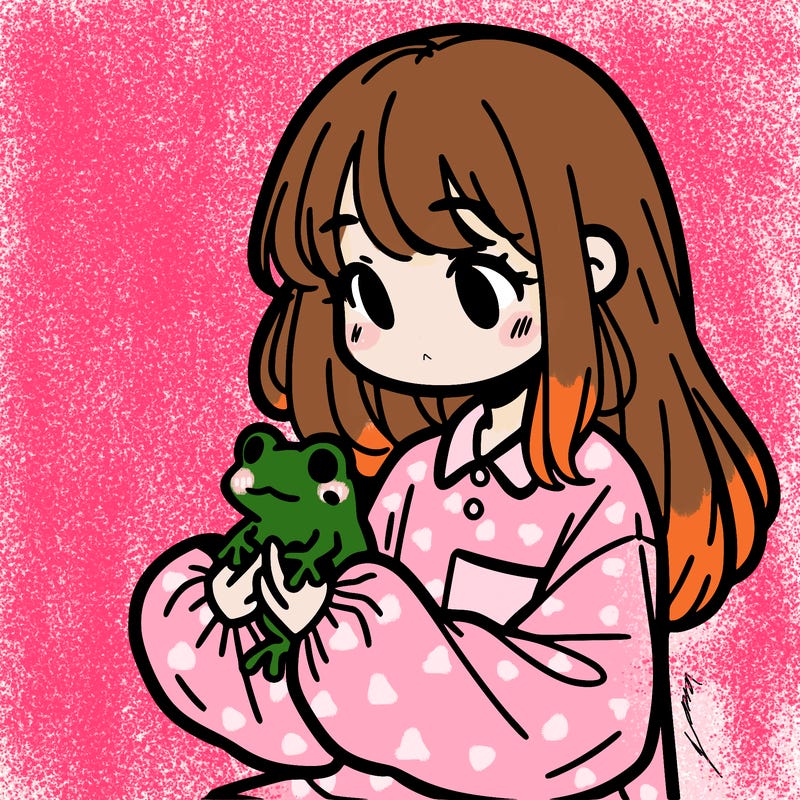 girl with long hair and a oversized shirt. and she is holding a frog
