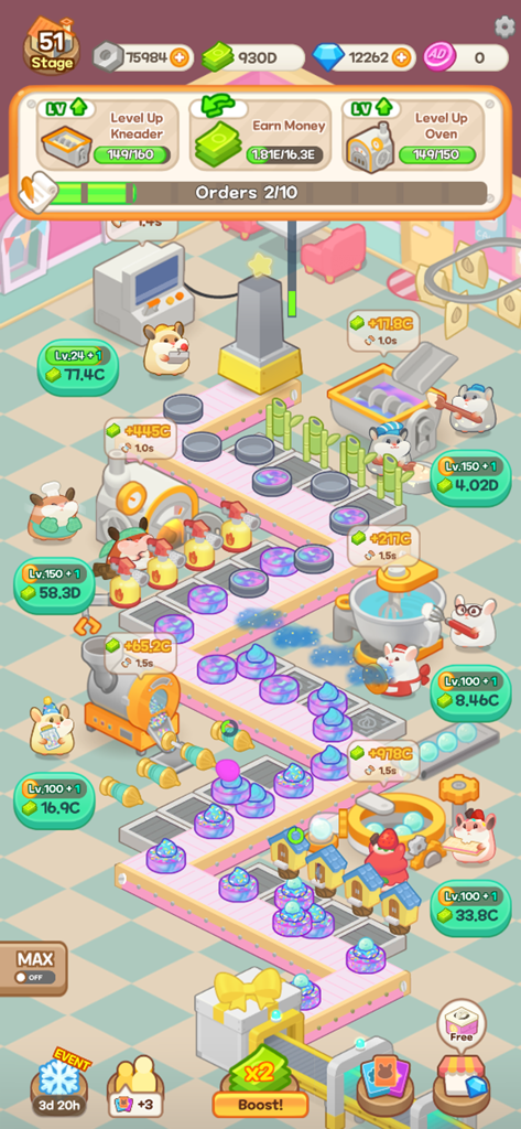 Hamster Tycoon : Cake Maker - Cute hamster workers managing a colorful cake factory production line with various machines.