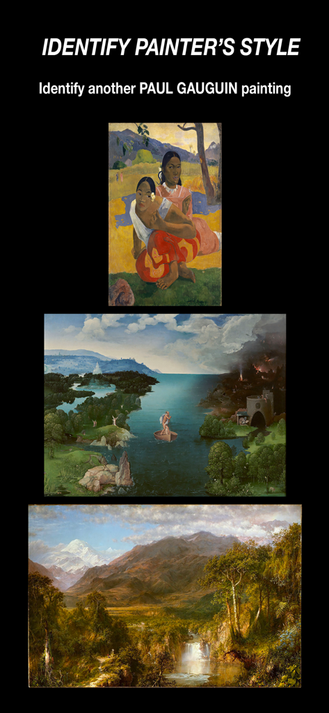 Learn Art - A screenshot of the Learn Art app showing a quiz where the user must identify a Paul Gauguin painting from a selection of three artworks.