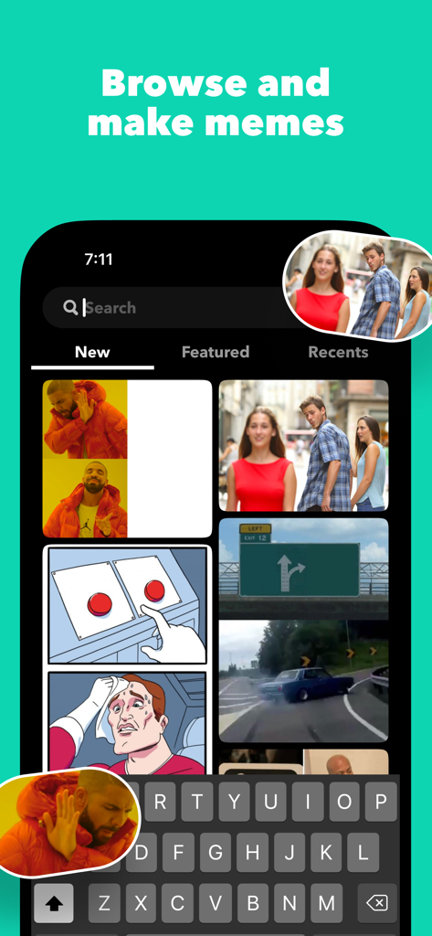 Yik Yak app screen showing a gallery of popular meme templates for users to browse and create content.