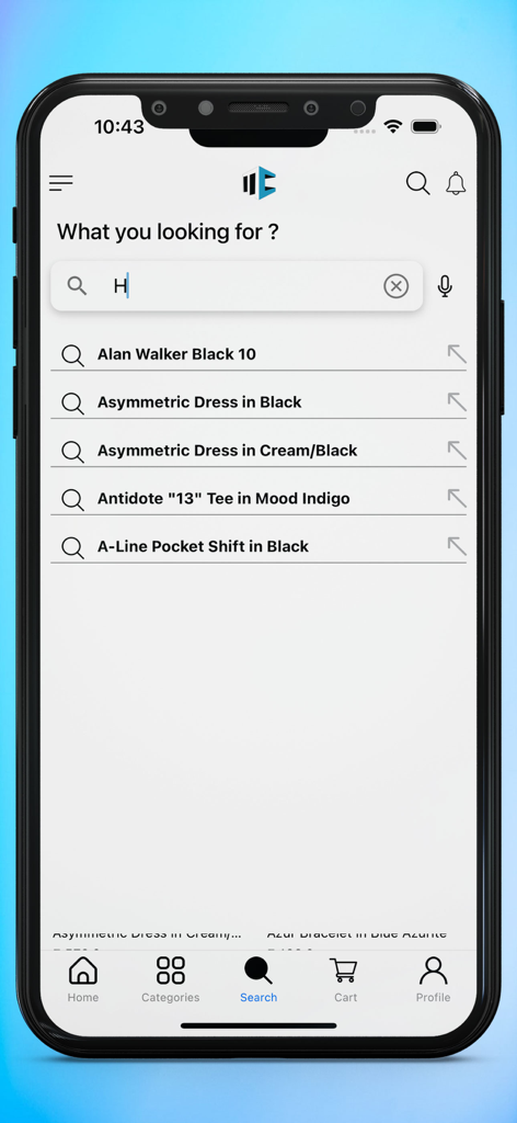 Mobile App Builder for Shopify - ドレスや衣料品の検索候補を表示するファッションモバイルアプリの検索画面