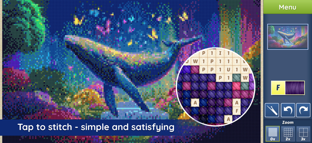 Cross-Stitch World - Digital cross-stitch pattern of a whale with colorful thread textures and color by letter grid