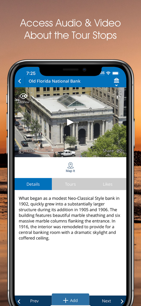 Visit JAX! - Visit JAX app screen displaying historical information and multimedia options for the Old Florida National Bank tour stop.