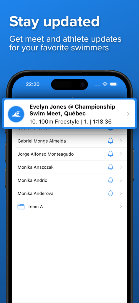 SplashMe - Swim Results - Smartphone screen showing a notification for a swim meet result and a list of followed swimmers with alert icons.