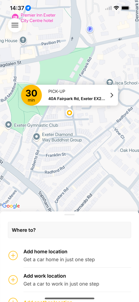 Apple Taxis Exeter - Apple Taxis Exeter app interface showing map and pickup location selection