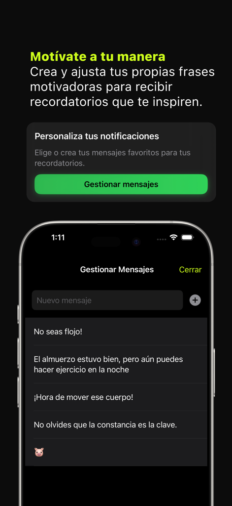 Vamos al Gym - Interface of Vamos al Gym app showing custom motivational workout reminders