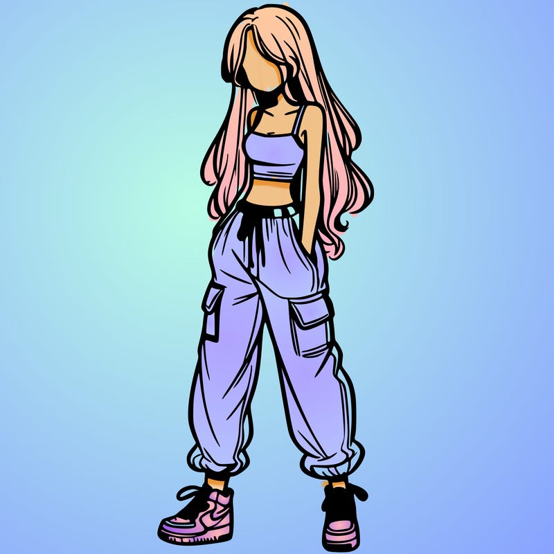 girl in baggy pants crop top and long hair