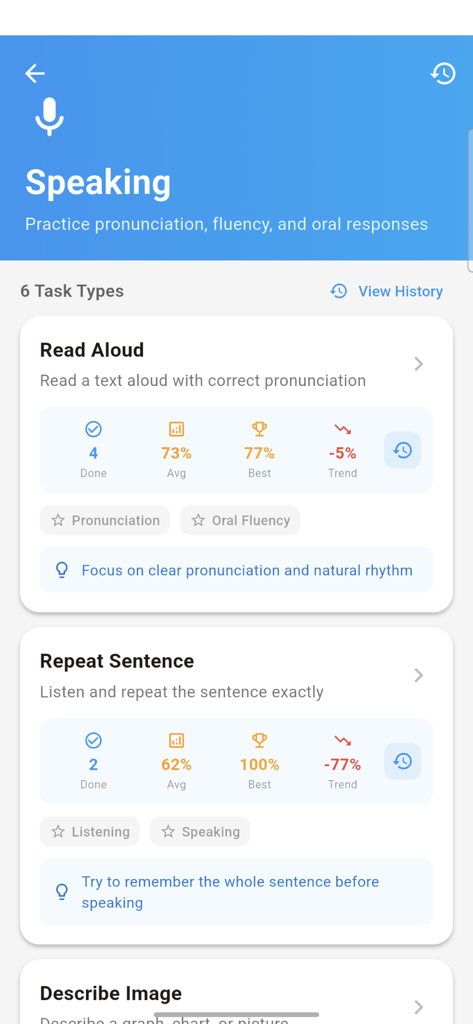 PTE Core 2026 Mock Exam - Speaking practice interface of the PTE Core app showing Read Aloud and Repeat Sentence task types with performance statistics