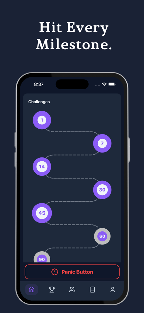 Rewire - Quit porn addiction - Rewire app interface showing a roadmap of progress milestones and a panic button.