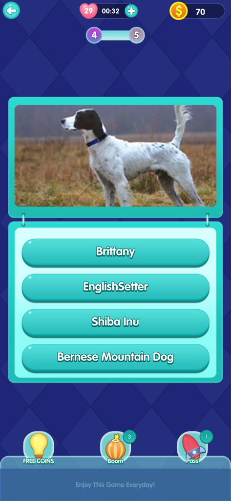 QuizTime - Trivia - A screenshot of an animal quiz in the QuizTime app showing a photo of a dog and multiple choice breed names like English Setter and Shiba Inu.