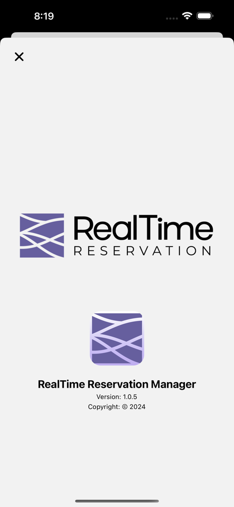 RealTime Reservation Manager app splash screen displaying the company logo, app icon, and version information.