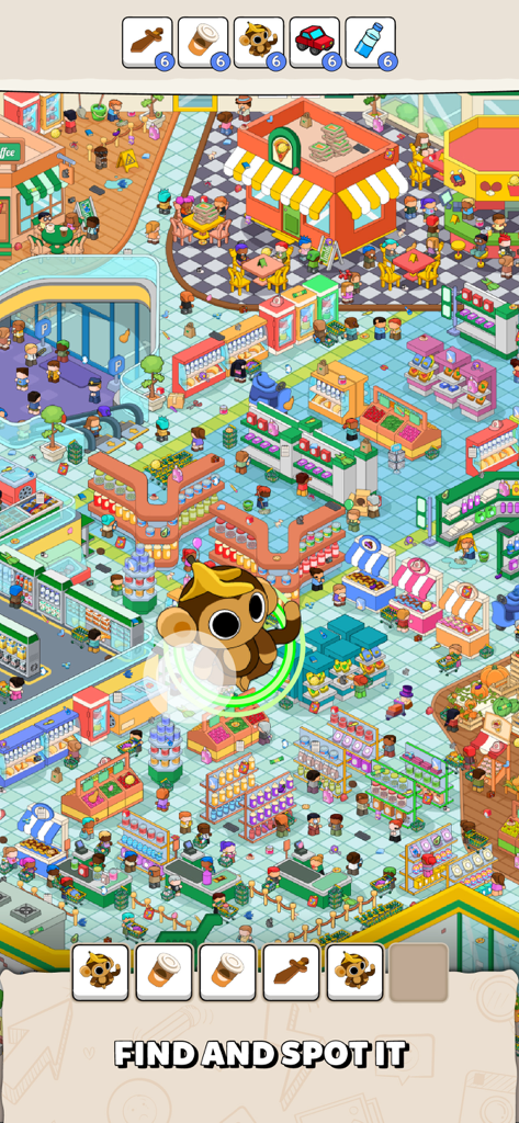 A colorful supermarket scene in the Where Is Find Hidden Objects mobile game showing a search and match puzzle.