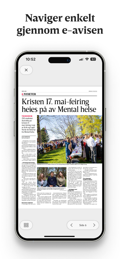 Vårt Land e-avis - A smartphone screen displaying a digital newspaper article from Vårt Land e-avis with the headline Kristen 17 mai feiring