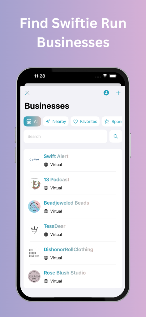 Swift Space - Find Swifties - Interface of the Swift Space app showing a directory of Swiftie-run virtual businesses.