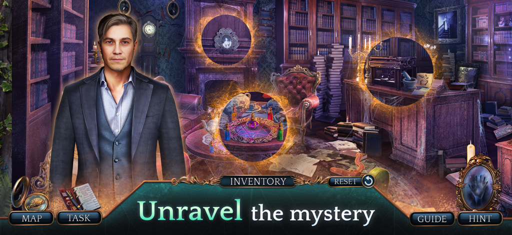 Haunting Novel 1: Hidden Hotel - ハリー・バートンが、光る円で隠されたオブジェクトが強調表示された、薄暗い図書館に立っている。