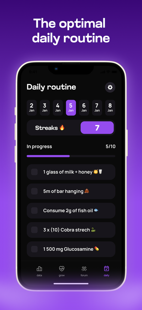 Taller app interface showing a daily growth routine with exercises and nutrition tracking