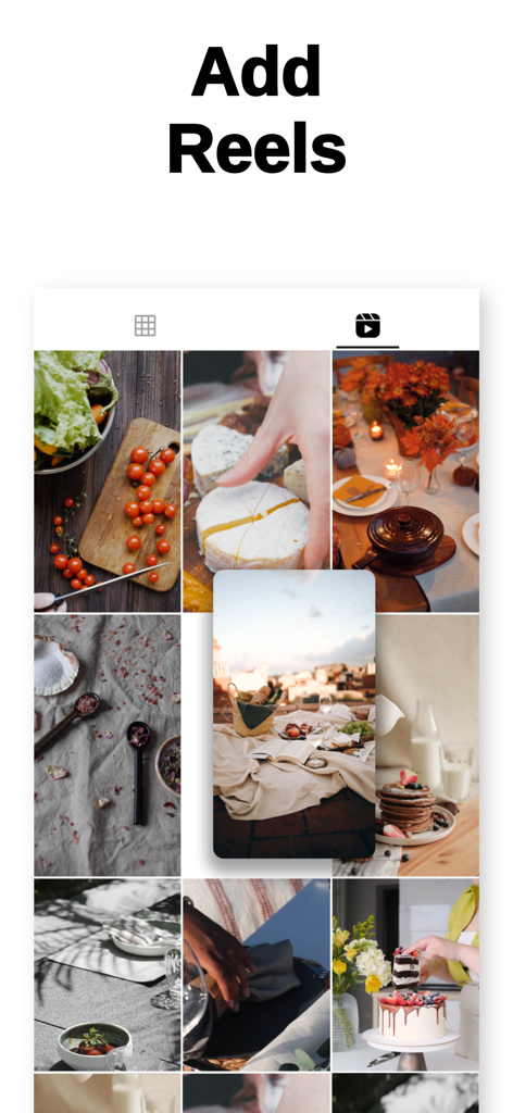 Feed Preview Planner IG・InPlan - InPlan app interface showing the Add Reels feature with a visual Instagram grid preview