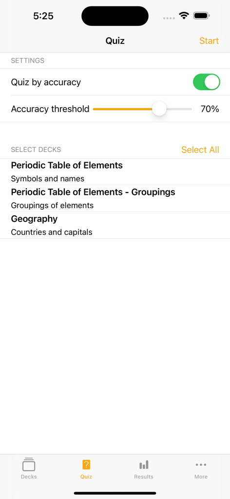 Flashcards - Build Your Own - Una pantalla de configuración de cuestionario en la aplicación de tarjetas de memoria que muestra la configuración del umbral de precisión y la selección del mazo.