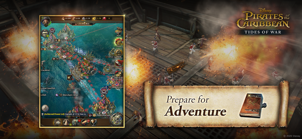 Interface du jeu mobile Pirates des Caraïbes : Tides of War montrant une carte maritime et un parchemin d'annonce d'aventure