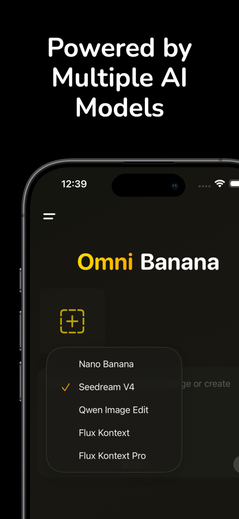 Omni Art - AI Photo Editor - Interfaz de la aplicación Omni Art mostrando un menú de selección para múltiples modelos de IA como Seedream y Flux Kontext