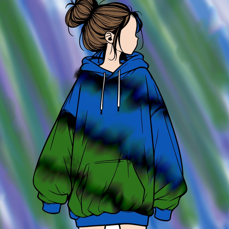 realistic girl with a oversized sweatshirt on and a bun