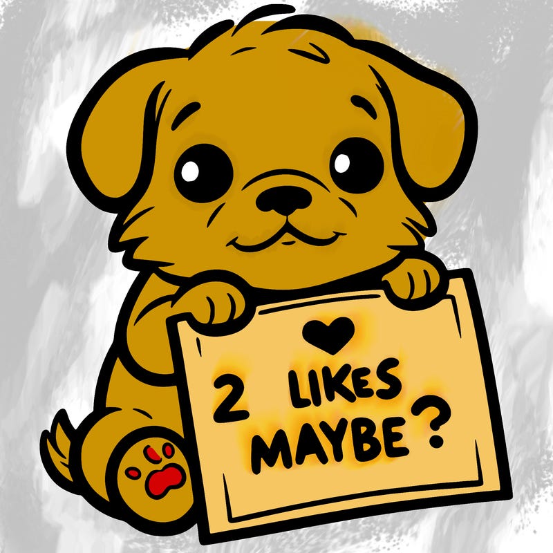 a puppy holding a sign that says 2 likes maybe?
