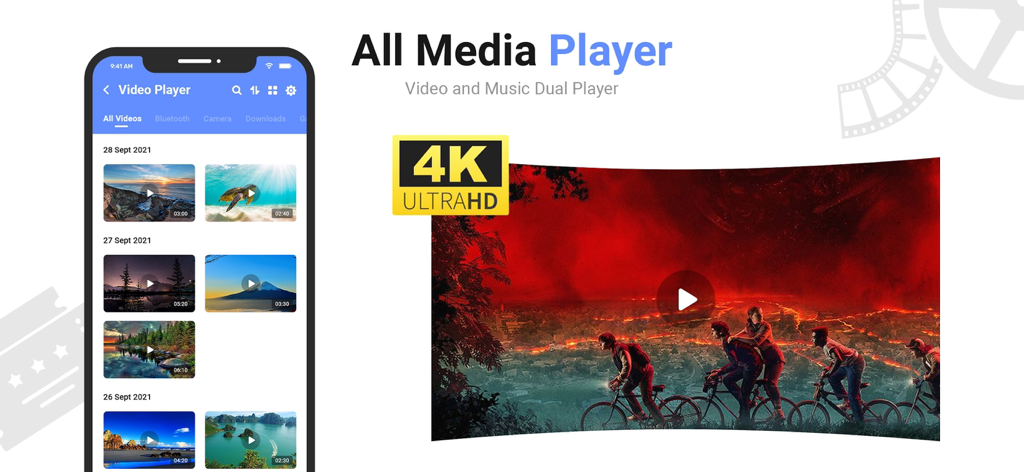 Interface of MX Video Player app featuring 4K Ultra HD playback and a video library.