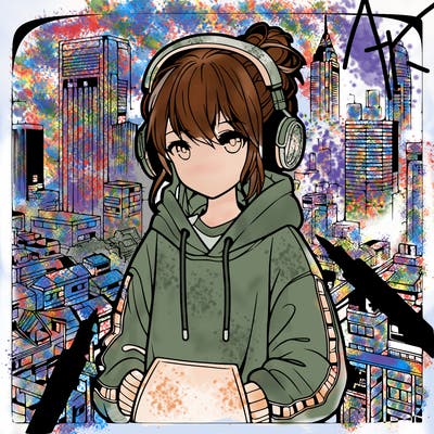 create a realistic anime girl wearing a oversized hoody in the city with headphones and a messy bun