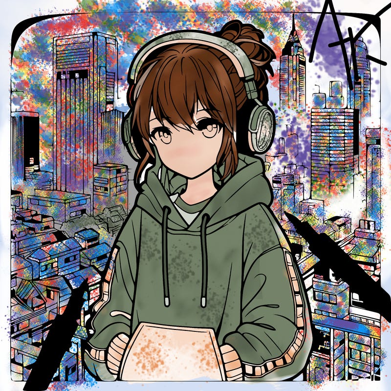 create a realistic anime girl wearing a oversized hoody in the city with headphones and a messy bun