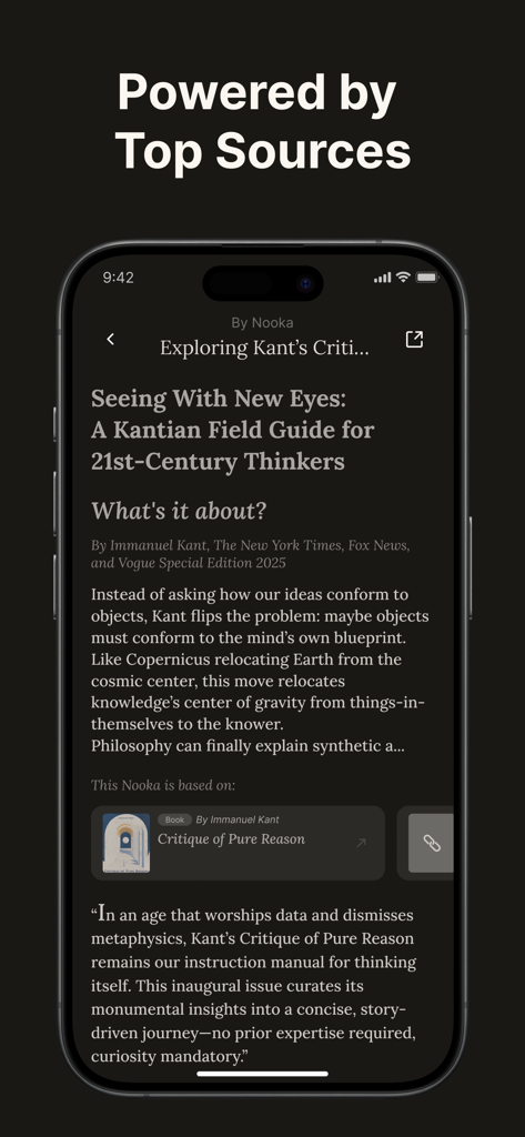 Nooka: Your Insight Feed - Nooka app interface showing a curated insight based on Immanuel Kant's philosophy