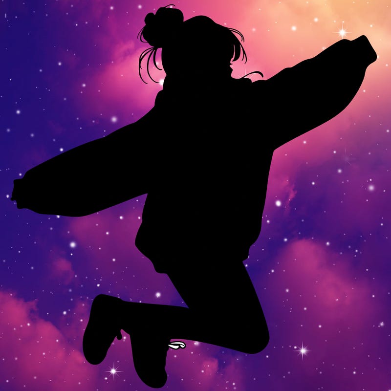 realistic girl jumping with a bun and oversized sweatshirt