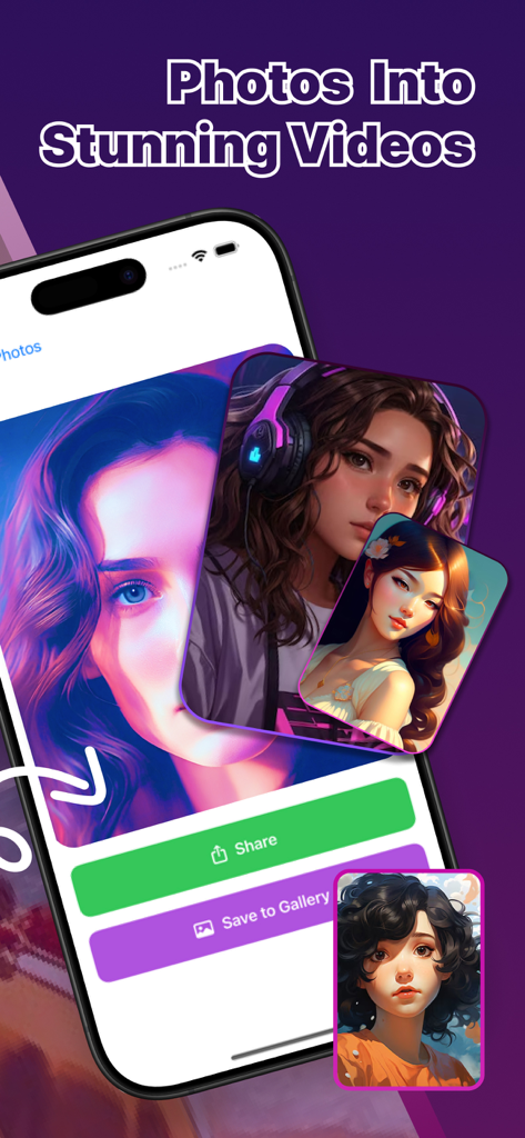 Interface do aplicativo AI Video Studio mostrando como transformar fotos em vídeos incríveis com botões de compartilhamento e salvar na galeria