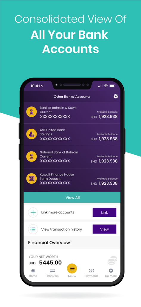 BisB Mobileアプリのインターフェースに、複数のリンクされた銀行口座の統合ビューと総純資産の計算が表示されています