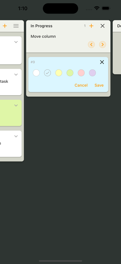 Simple Kanban Board - 색상 코딩된 작업 우선순위 선택 및 열 관리 옵션을 보여주는 간단 칸반 보드 앱 인터페이스.