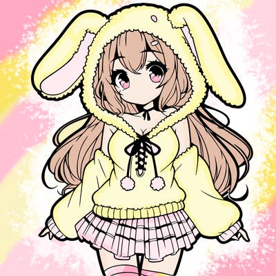 pretty anime girl wearing a fluffy hoodie with bunny ears on the hood and a skirt