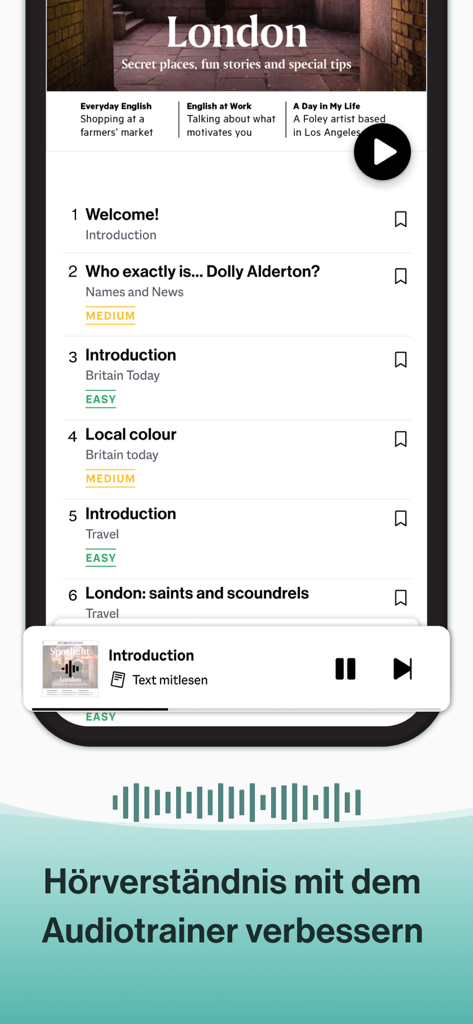 Spotlight eMagazine App Oberfläche, die eine Liste von Audiolektionen zum Englischlernen anzeigt