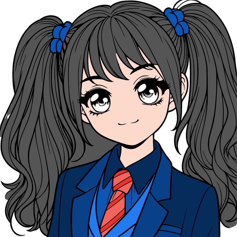 realistic girl with two ponytails and a suit on