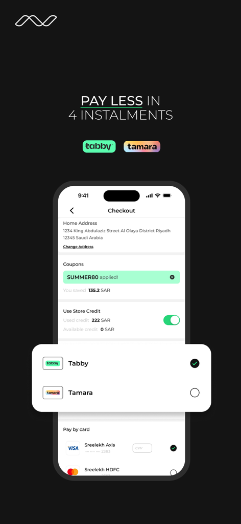 Schermata di checkout dell'app Nejree con opzioni di pagamento rateale con Tabby e Tamara.