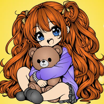 manga girl, long curly hair, happy, cuddling a teddy bear