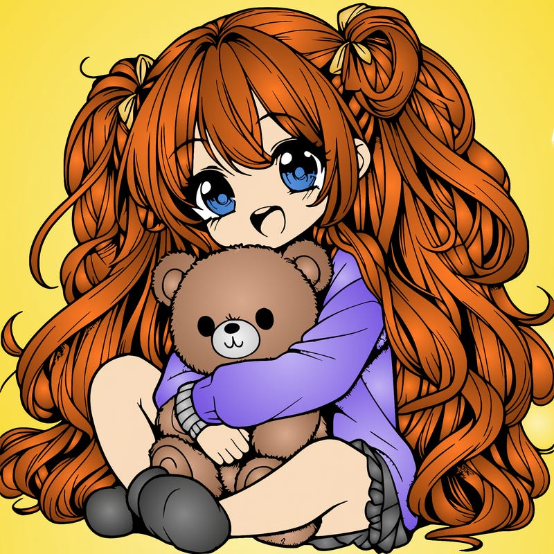 manga girl, long curly hair, happy, cuddling a teddy bear