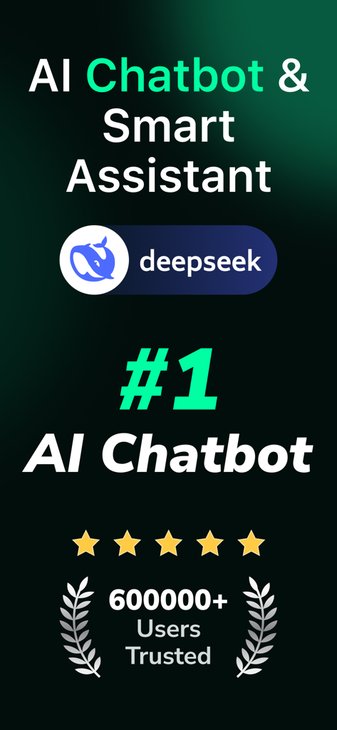 DeepSearch - AI Chatbot App - DeepSearch AI Chatbot and Smart Assistant promotional screen showing a five star rating and over 600,000 trusted users.