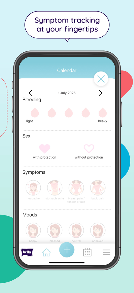 Kalendarzyk Bella - Interface of the Kalendarzyk Bella app showing options to track menstrual symptoms moods and bleeding intensity
