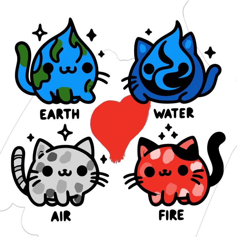 4 cats that represent the different elements, earth, water, air, and fire