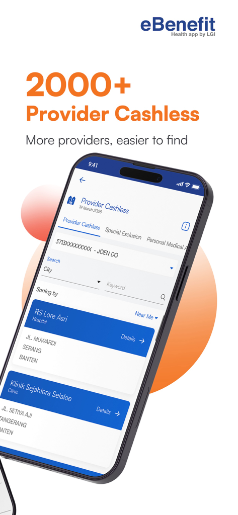 eBenefit mobile app interface showing a searchable list of over 2000 cashless medical providers