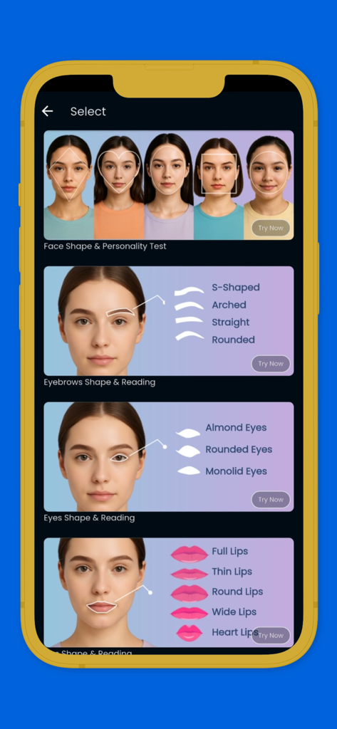 Menü zeigt Merkmale zur Analyse von Gesichtsform, Augenbrauen, Augen und Lippen in der App